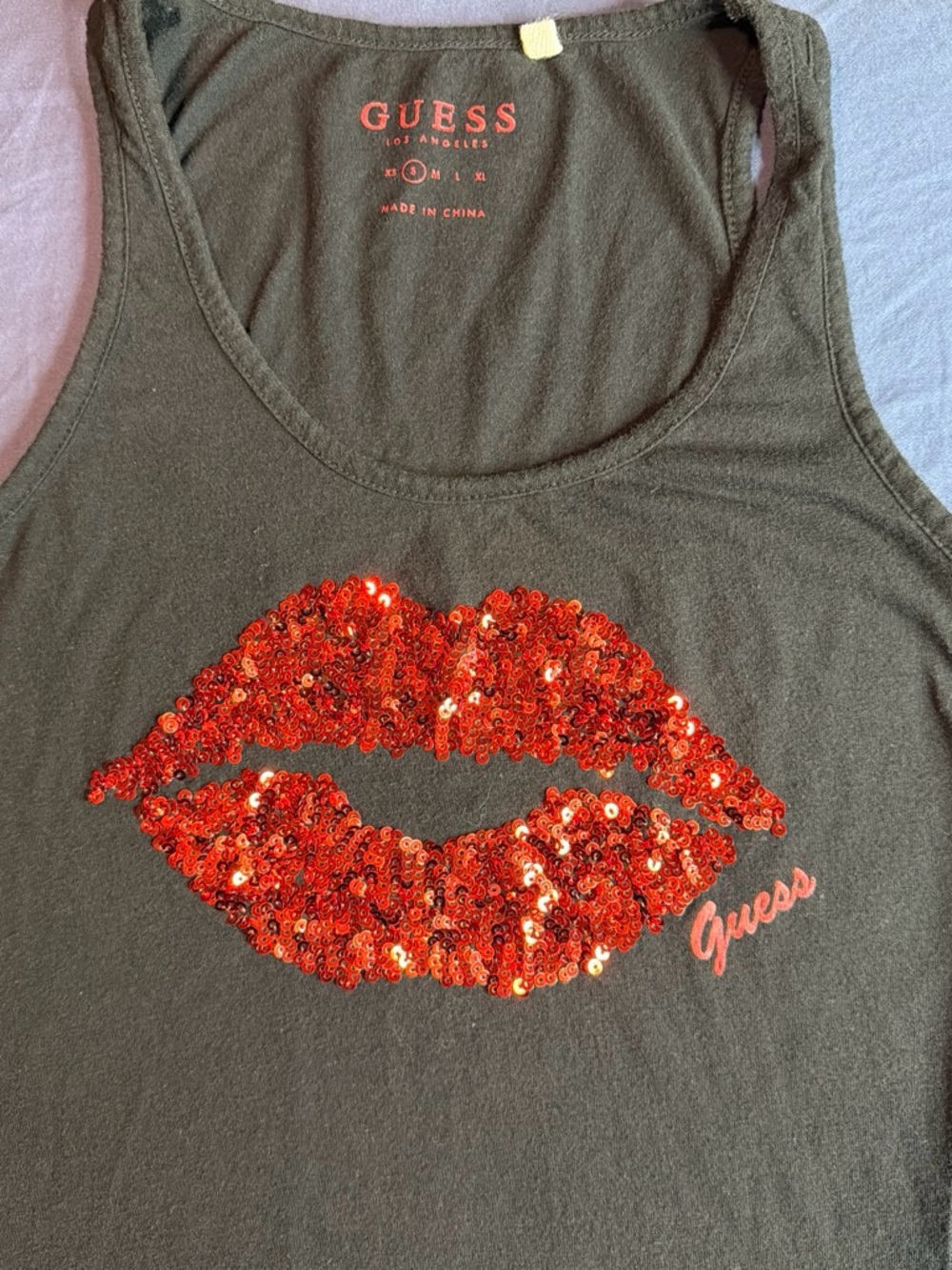 GUESS Black Tank Top with Red Sequin Lip Graphic